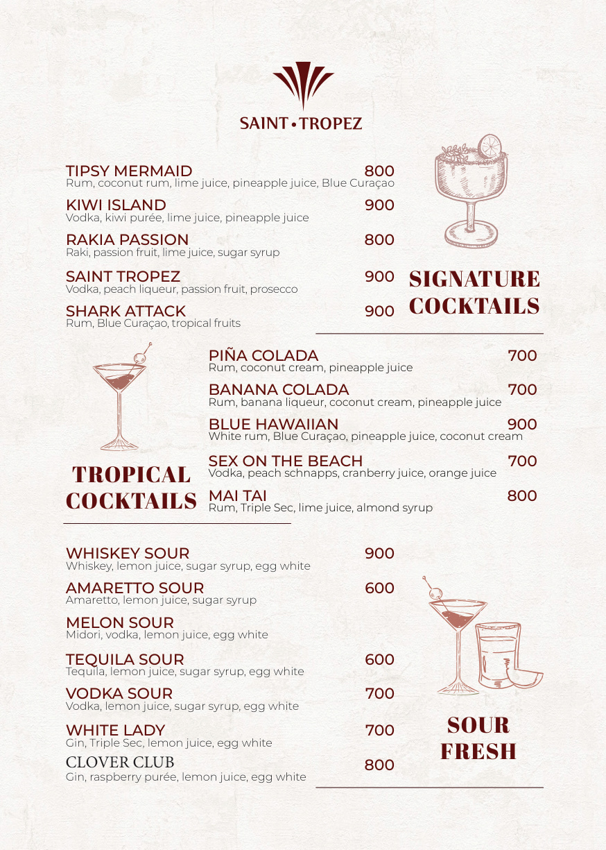 Saint Tropez 2026 cocktail menu
