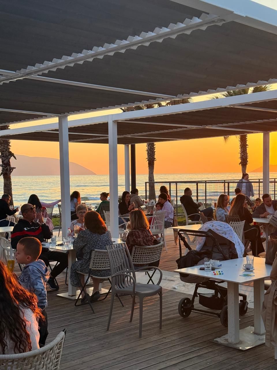 Sunset over the Adriatic from Saint Tropez waterfront terrace in Vlorë
